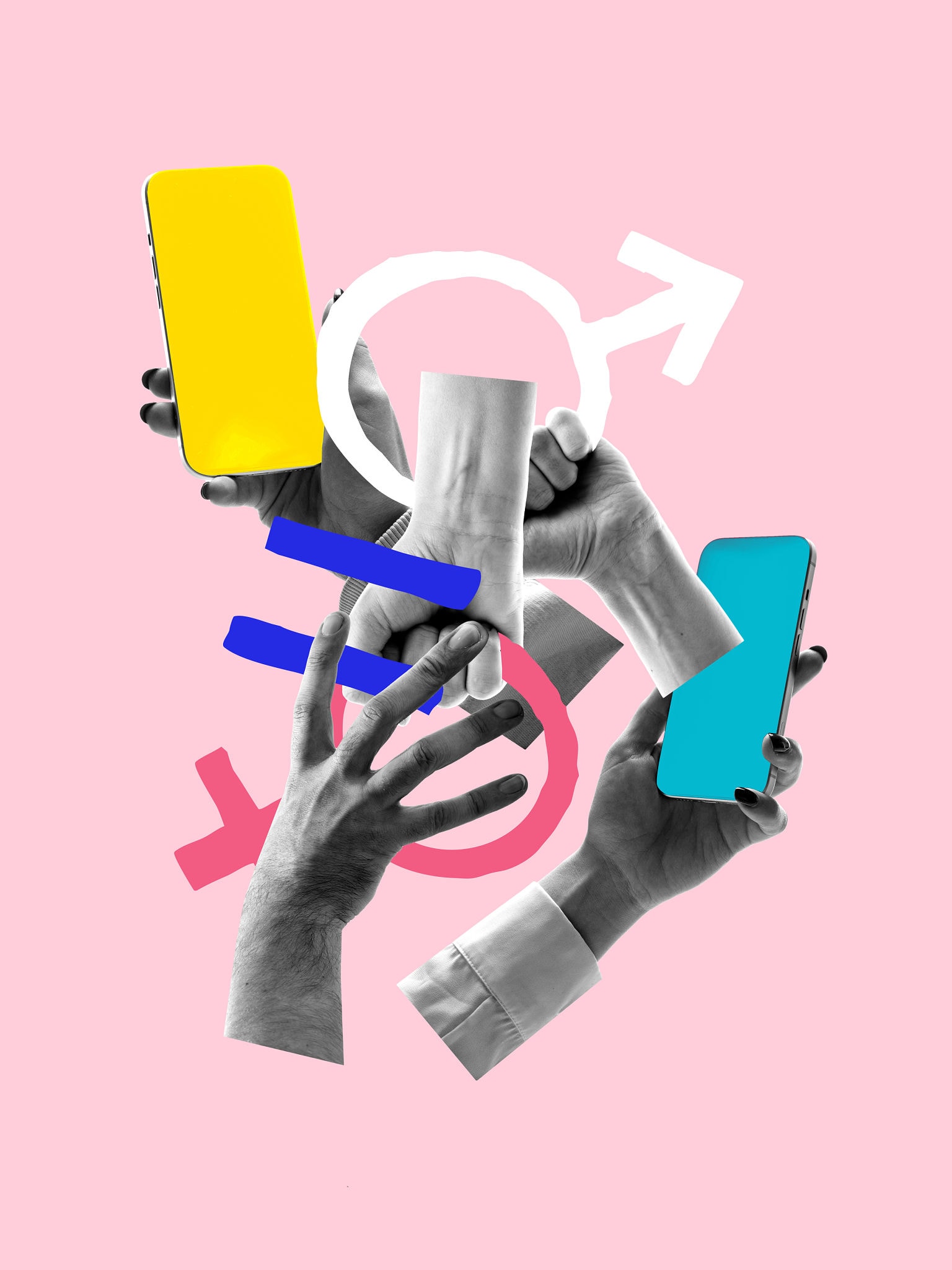 Collage of hands holding phones with gender symbols — vibrant contemporary illustration